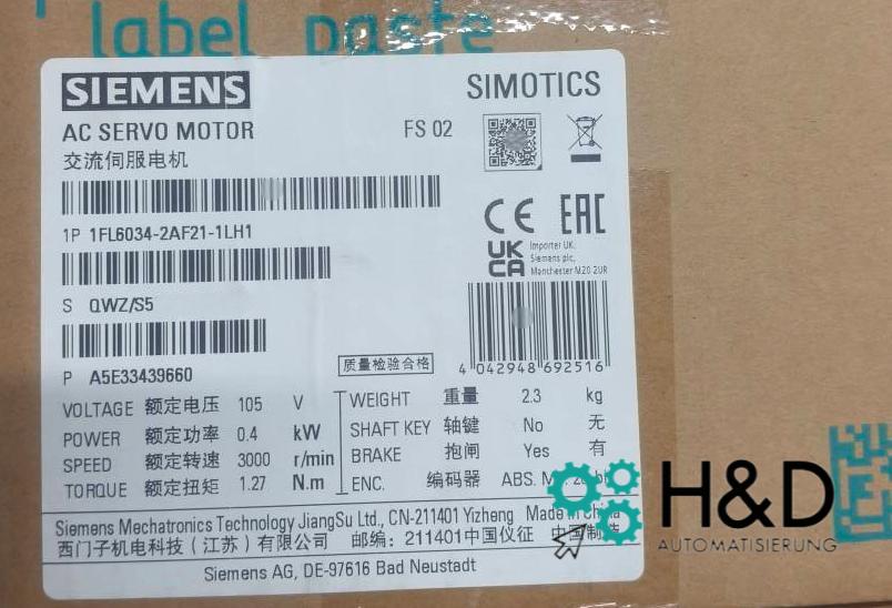 Motore Siemens SIMOTICS 1FL6 1FL6034-2AF21-1LH1 | 0,4 kW, 3000 giri/min, IP65, freno di stazionamento, compatibile SINAMICS V90