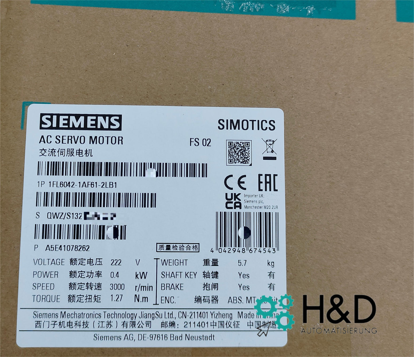 Siemens SIMOTICS S-1FL6 (1FL6042-1AF61-2LB1) – Servomotor sincrónico con codificador absoluto, freno de retención