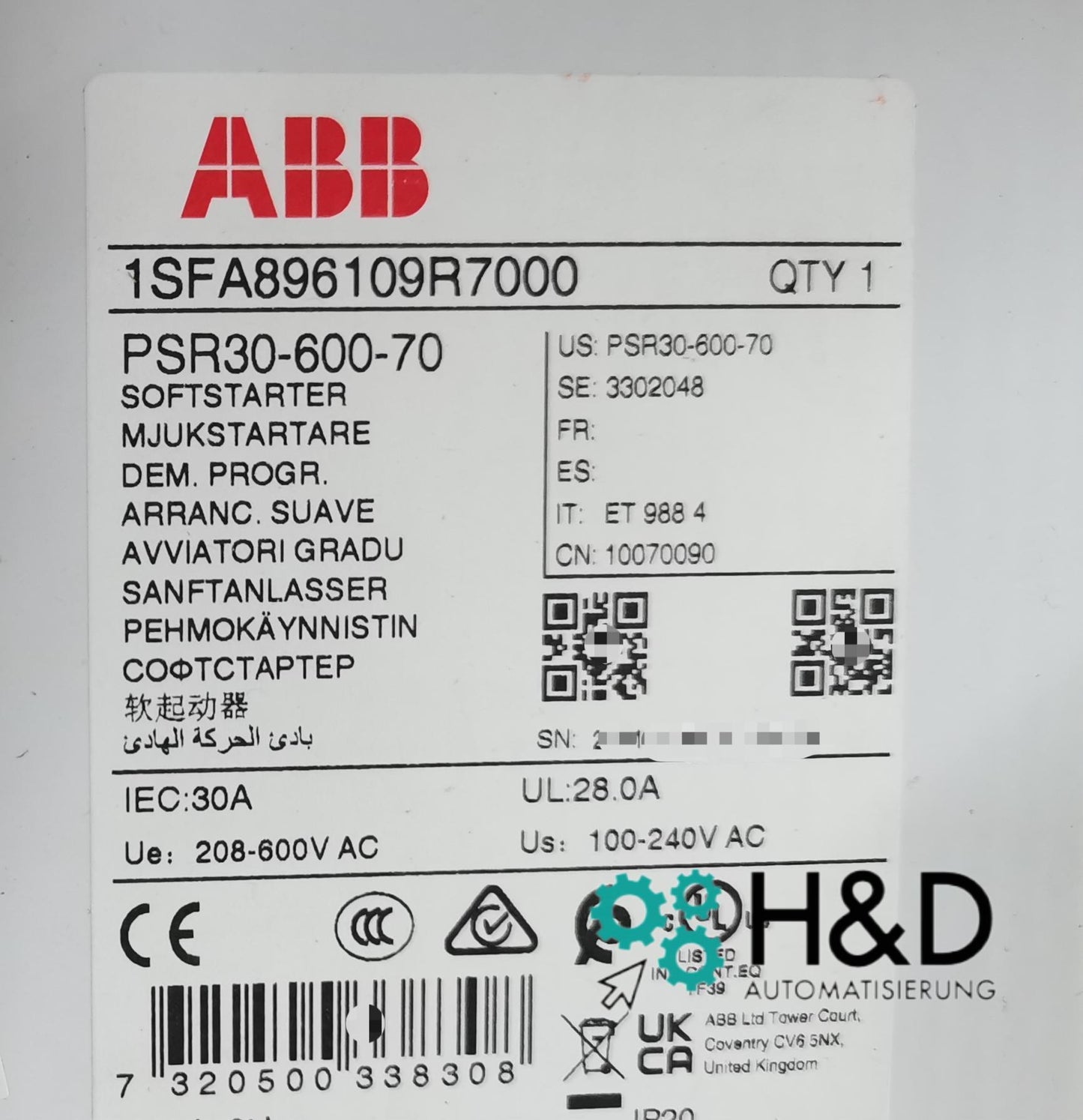 ABB 1SFA896109R7000 – PSR30-600-70 Rozruch miękki – 30 A – 208 … 600 V AC – Nowy i zaplombowany