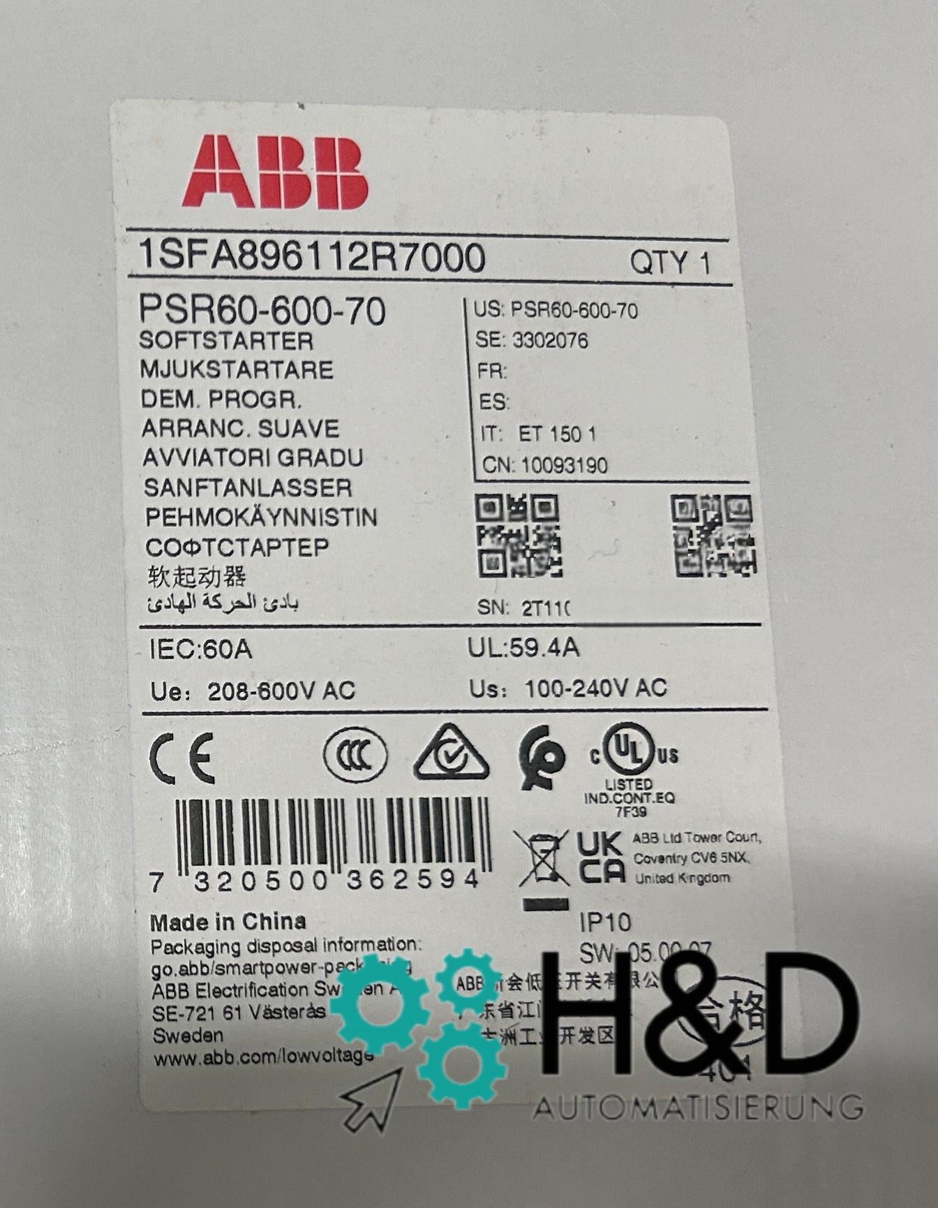 ABB 1SFA896112R7000 – PSR60-600-70 Softstarter – 60 A – 208 … 600 V AC – Neu und versiegelt