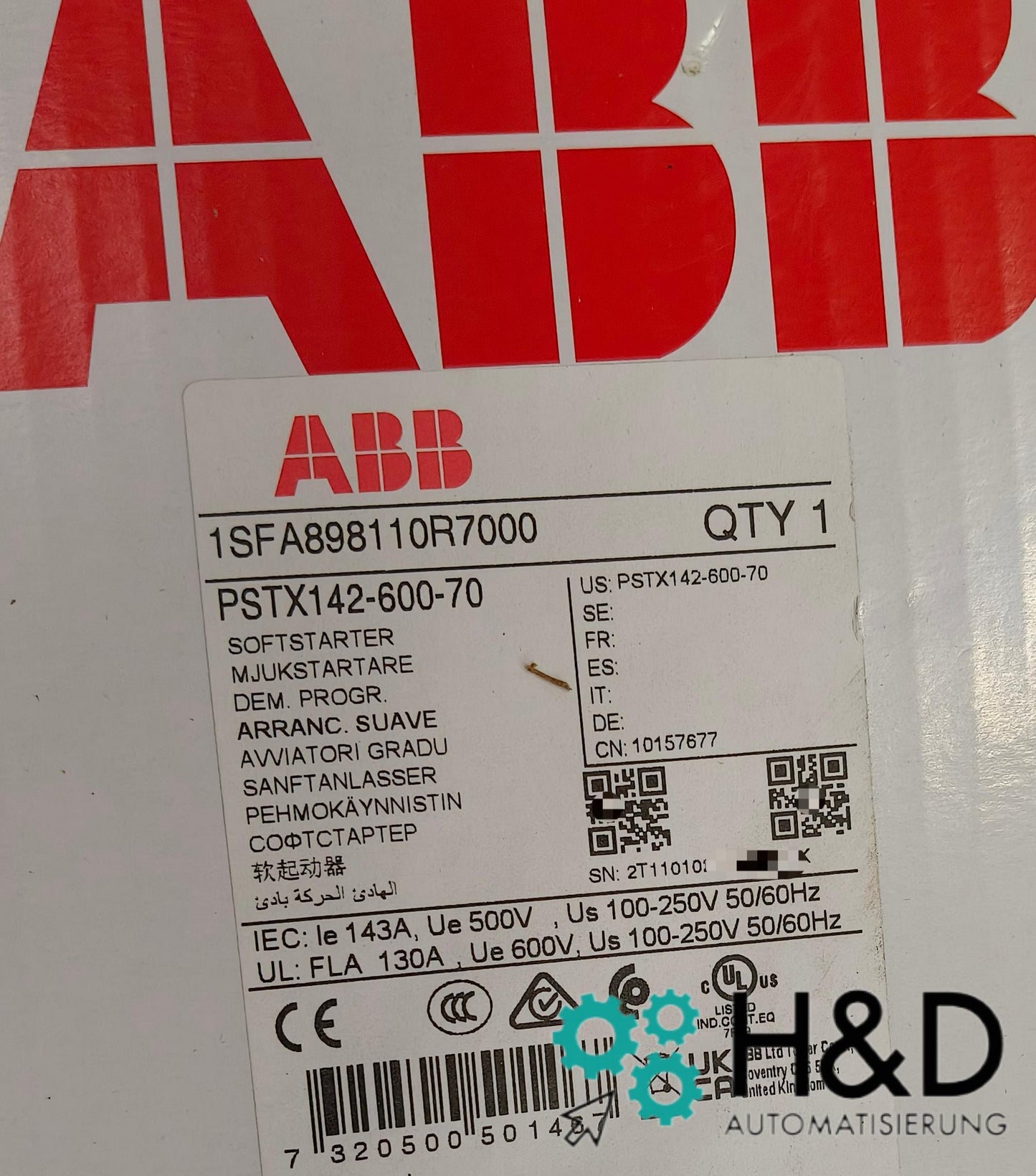 ABB 1SFA898110R7000 – PSTX142-600-70 Softstarter – 142 A – 208 … 600 V AC – New and sealed