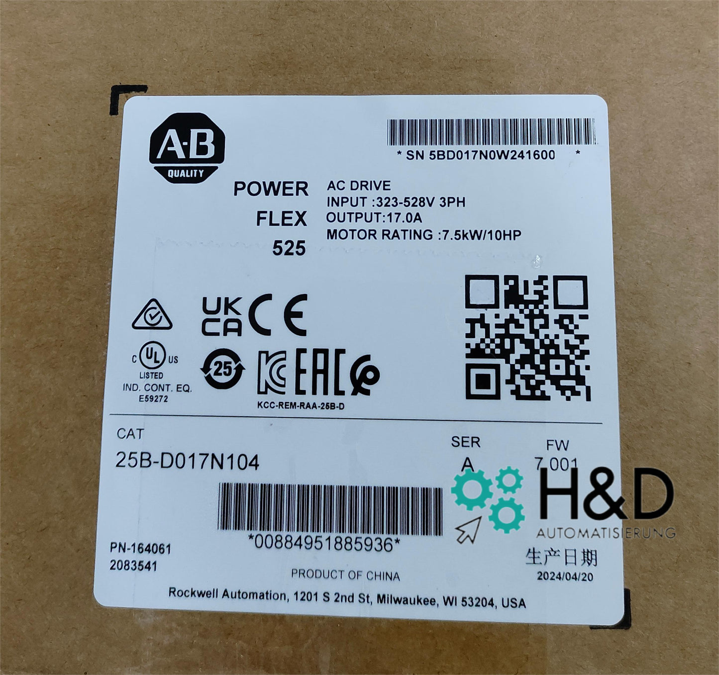 25B-D017N104 Allen-Bradley AC-Drive 7.5kW(10HP) 3-fazowy falownik Nowy i zaplombowany