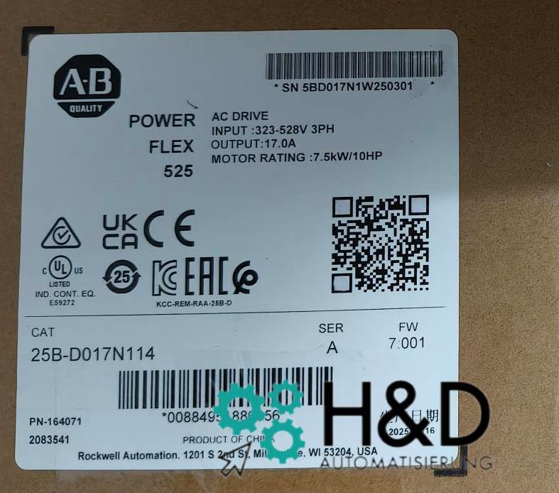 25B-D017N114 Allen-Bradley PowerFlex 525 Variador de frecuencia AC 7.5kW (10Hp) Nuevo y sellado
