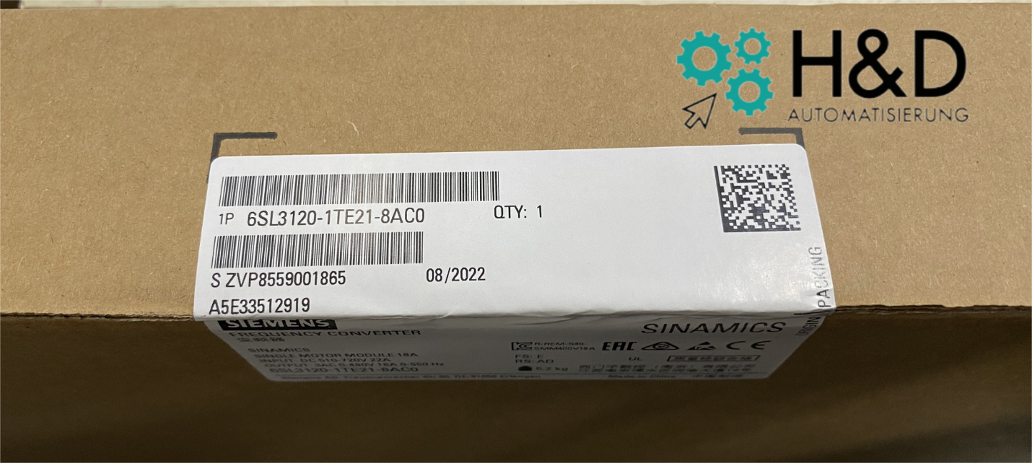Siemens SINAMICS S120 Одномоторный модуль (6SL3120-1TE21-8AC0) – Вход: DC 600V, Выход: 3AC 400V, 18A, внутреннее воздушное охлаждение