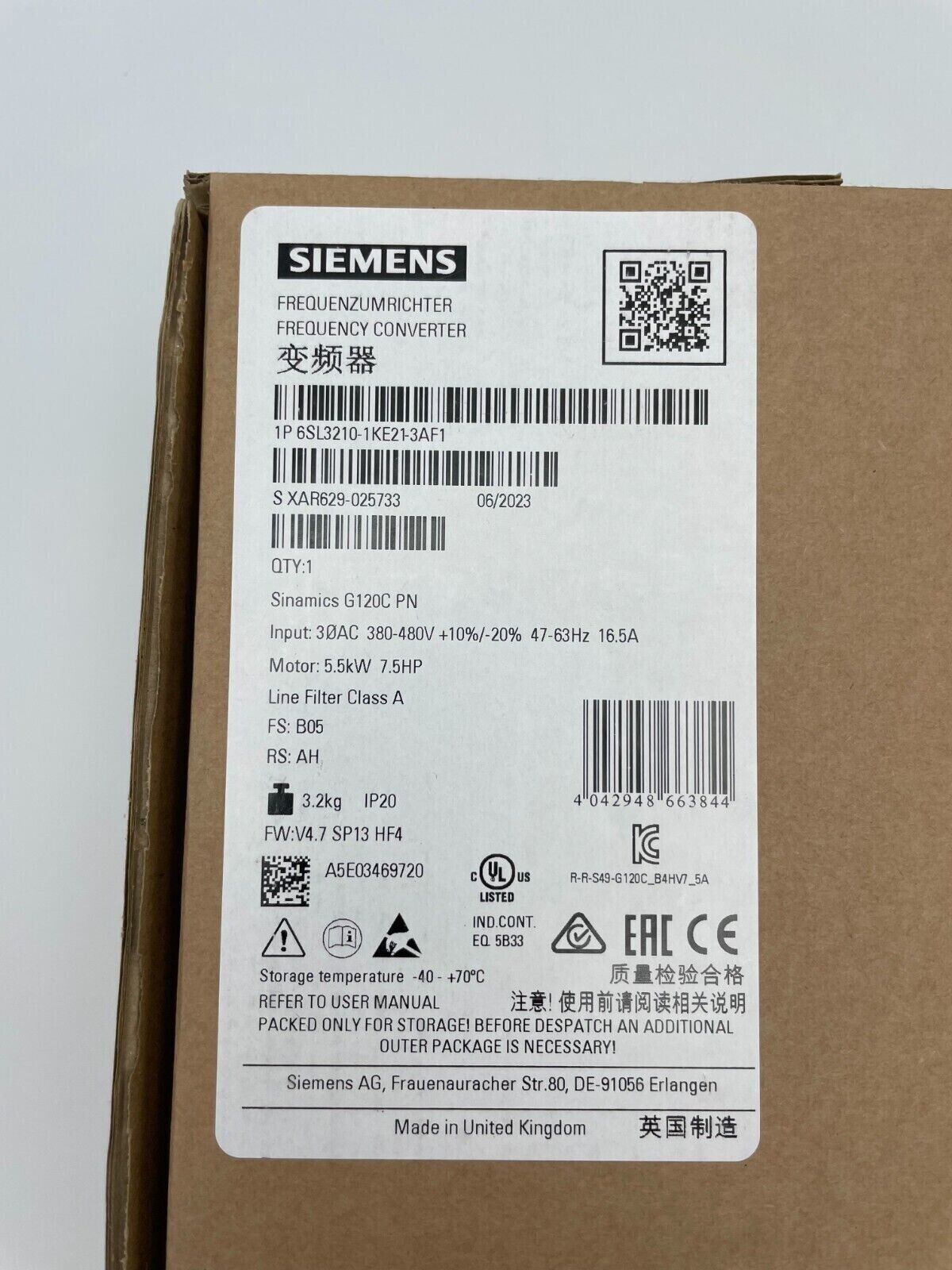 Sinamics G120C 6SL3210-1KE21-3AF1 – Inverter di frequenza (5,5 kW, 3AC 380–480 V, PROFINET, Safe Torque Off, IP20)