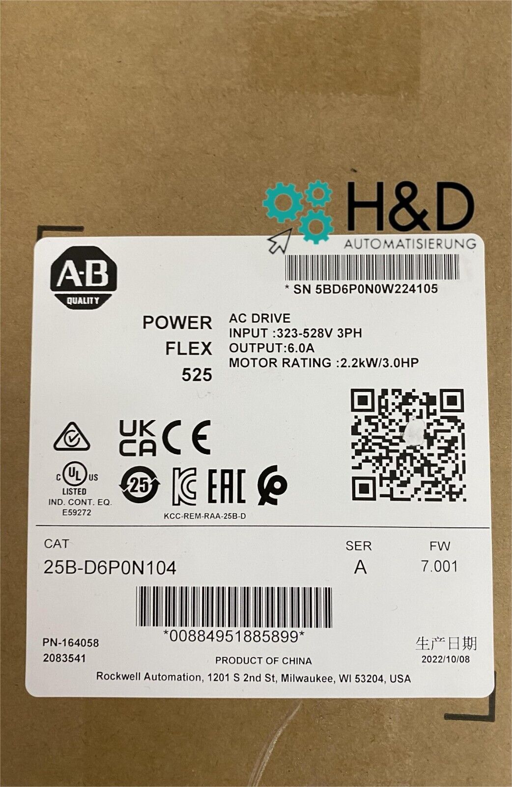 25B-D6P0N104 Allen-Bradley PowerFlex 525 2.2kW New and Sealed