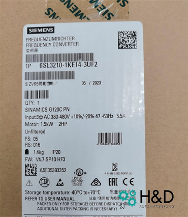 Sinamics G120C 6SL3210-1KE14-3UF2 – Frequency converter (1.5 kW, 3AC 380–480 V, PROFINET, STO, IP20)