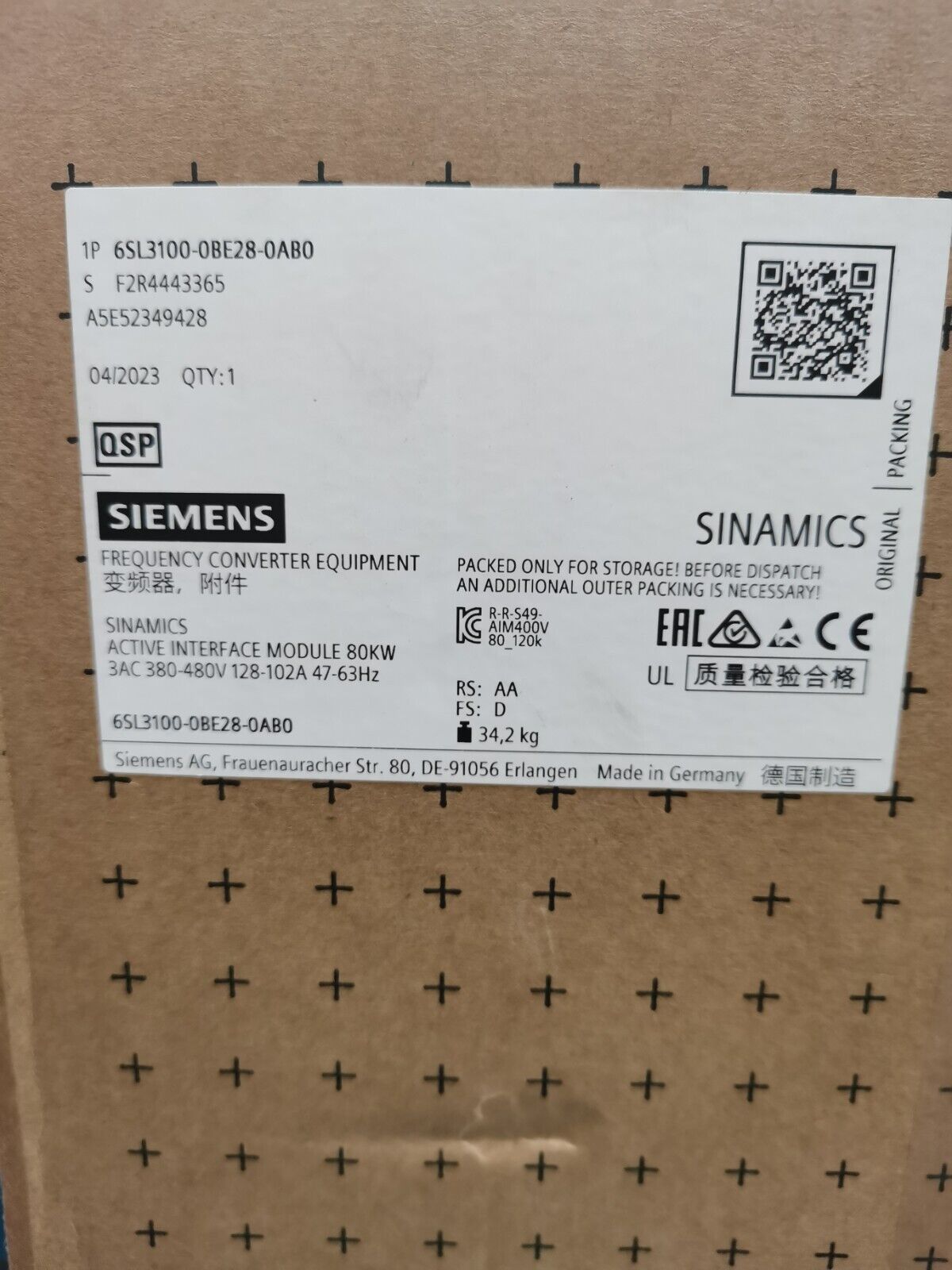Siemens SINAMICS S120 Modulo interfaccia attivo per modulo linea attiva da 80 kW (6SL3100-0BE28-0AB0) – Ingresso: 3AC 380-480V, 50/60Hz, formato Booksize