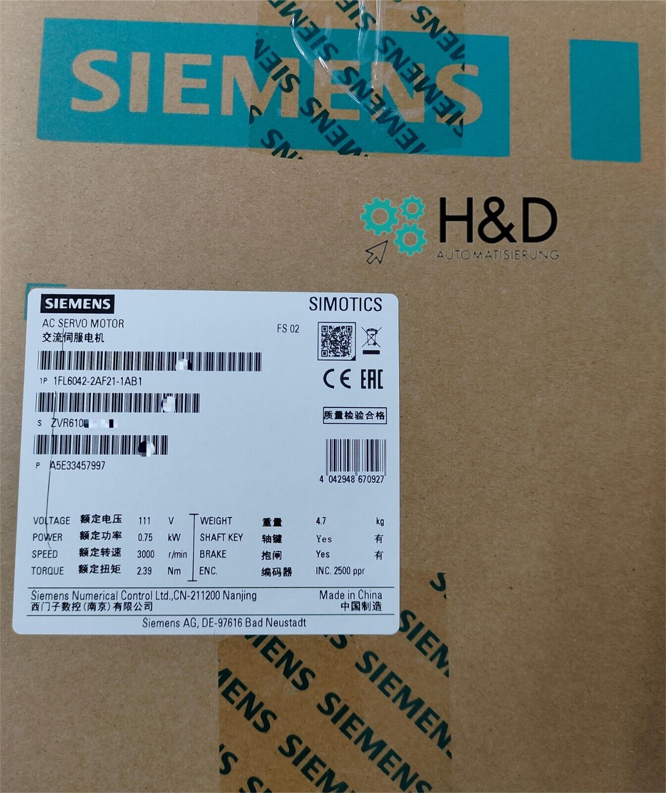 Siemens SIMOTICS S-1FL6 (1FL6042-2AF21-1AB1) – синхронный сервомотор с инкрементальным энкодером, тормозом удержания и защитой IP65