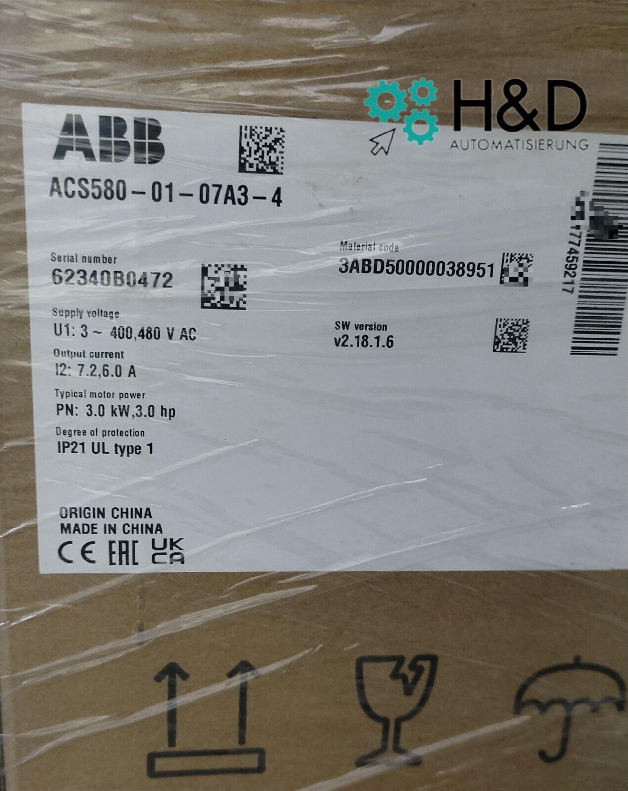 ABB ACS580-01-07A3-4 – Inverter – 3.0 kW – 7.2 A – 380 V – IP20 – New and sealed