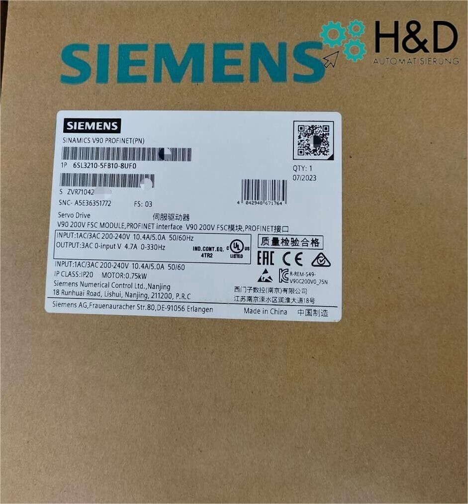 6SL3210-5FB10-8UF0 Siemens SINAMICS V90 Inverter 0,75KW Nuovo e Sigillato