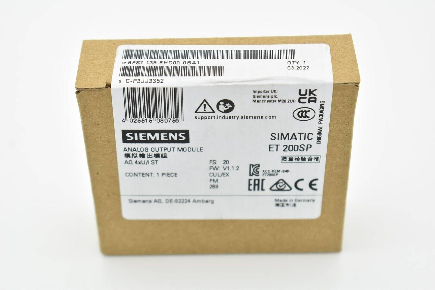 6ES7135-6HD00-0BA1 SIEMENS SIMATIC ET 200SP, AQ 4XU/I Standard New and Sealed