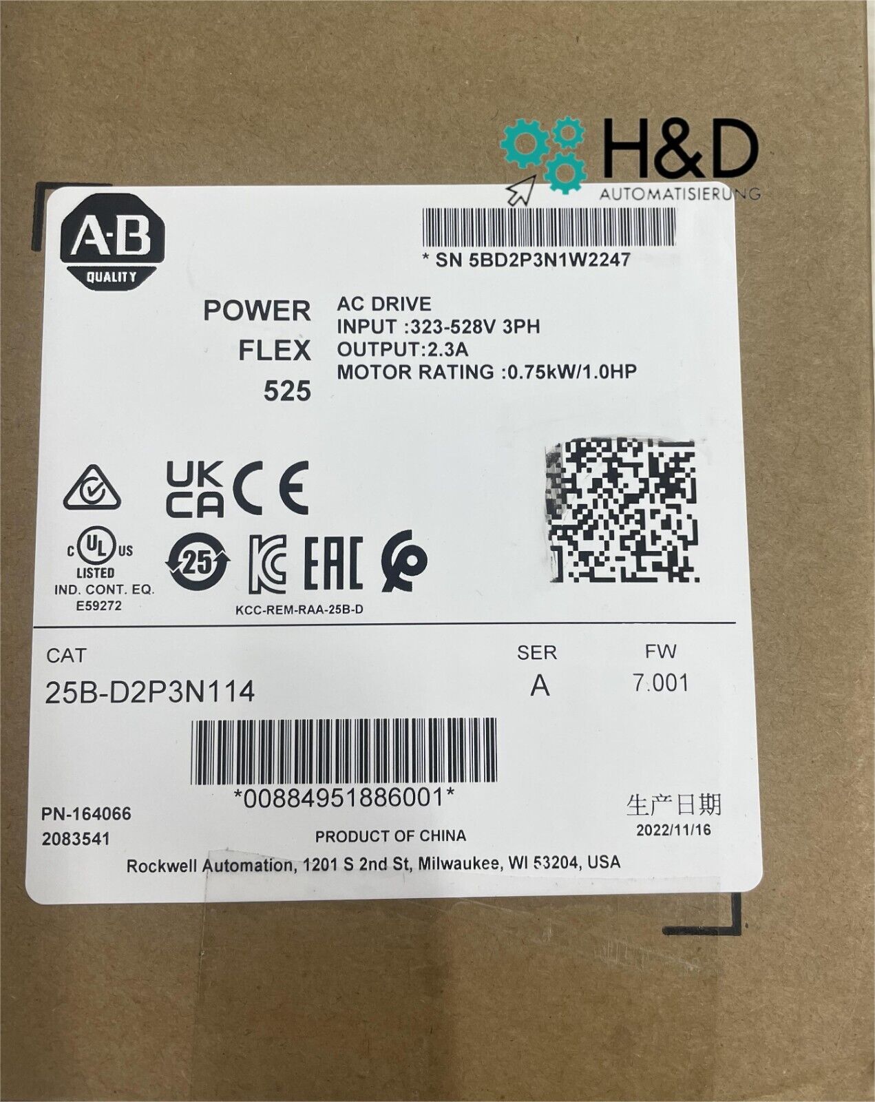25B-D2P3N114 Allen-Bradley PowerFlex 525 0.75kW New and Sealed