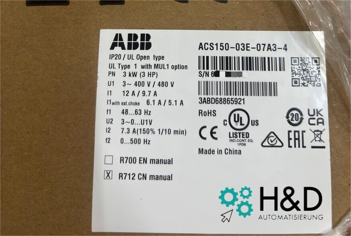 ABB ACS150-03E-07A3-4 – Inverter di frequenza – Pn 3,0 kW – I2n 7,3 A – IP20 – Nuovo e sigillato