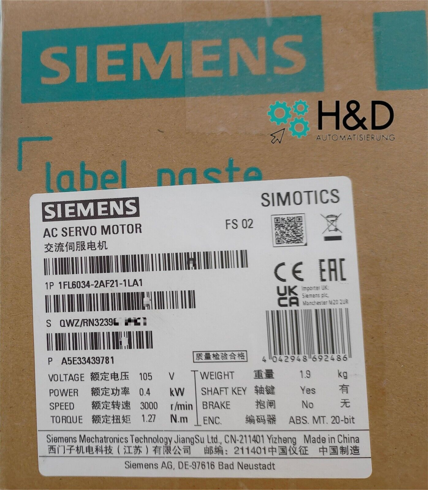 Siemens SIMOTICS S-1FL6 (1FL6034-2AF21-1LA1) – Прецизионный синхронный сервомотор с абсолютным датчиком положения