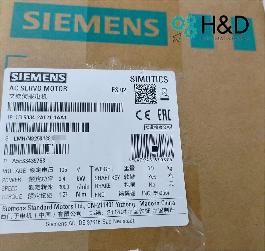 Siemens SIMOTICS S-1FL6 Servomotore 1FL6034-2AF21-1AA1, 0,25 kW, 3000 U/min, IP65, Nuovo e Sigillato
