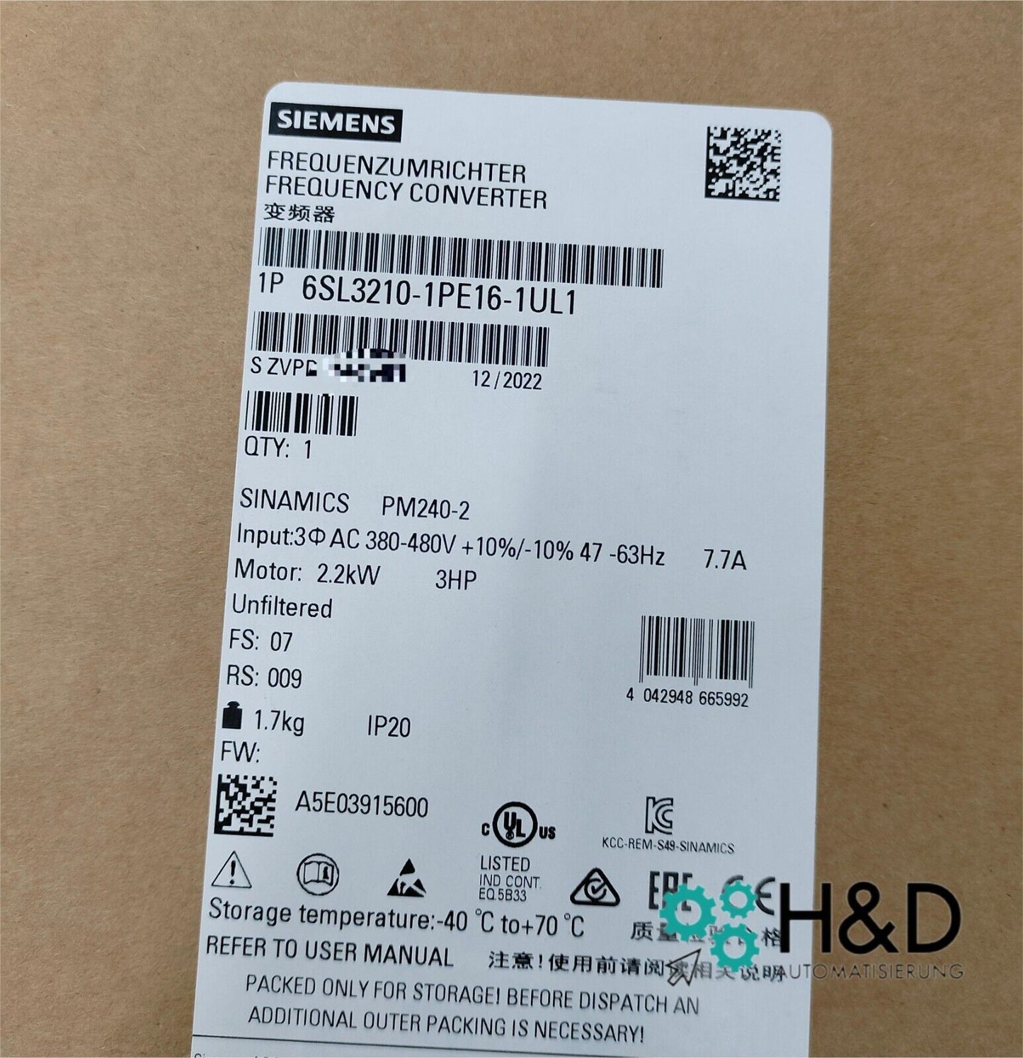 SINAMICS G120C 6SL3210-1PE16-1UL1 – частотный преобразователь (4,0 kW, 150% перегрузка, PROFINET, Safe Torque Off)