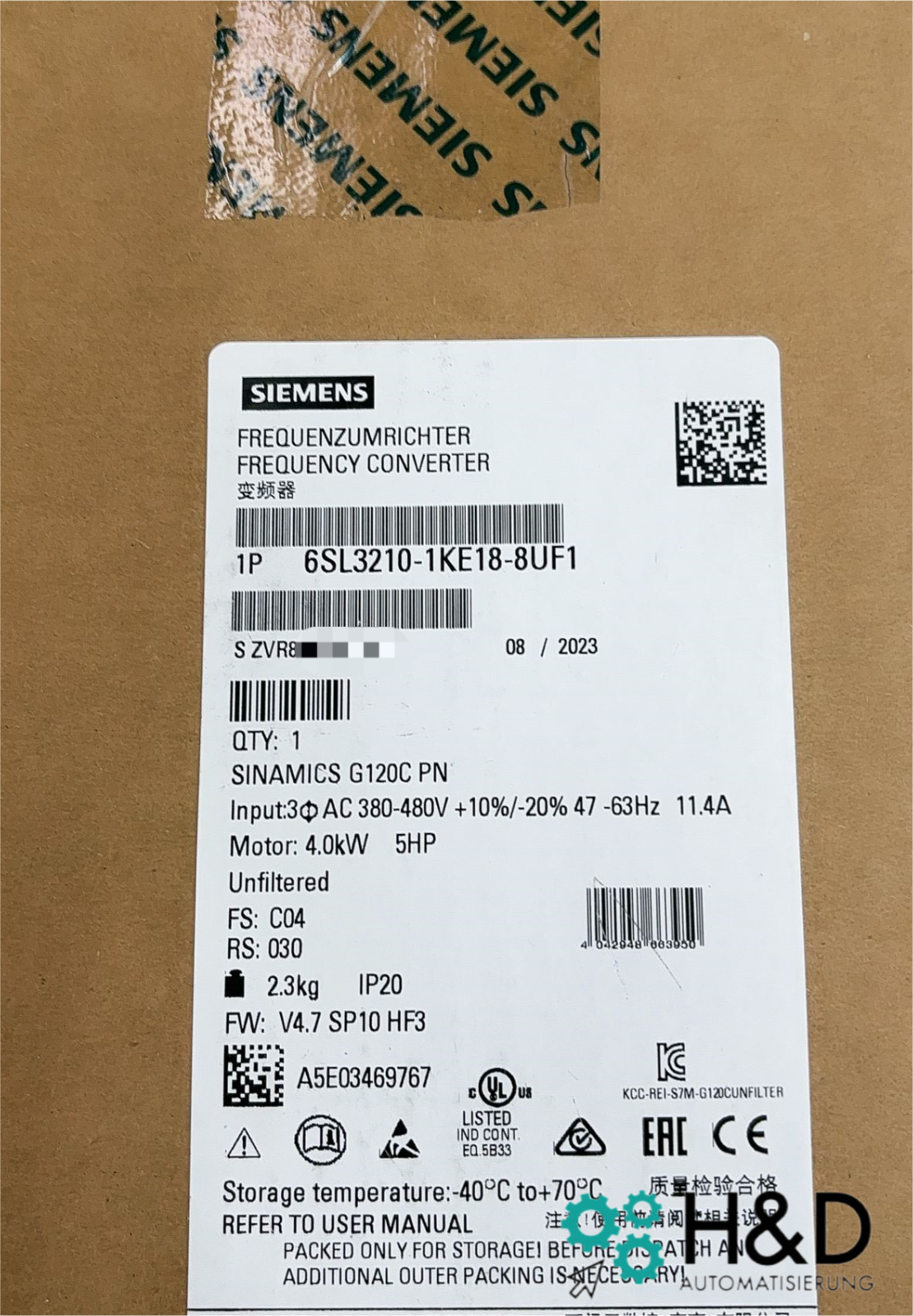 Sinamics G120C 6SL3210-1KE18-8UF1 – Frequency Converter (4.0 kW, 3AC 380–480 V, PROFINET, Safe Torque Off, IP20)