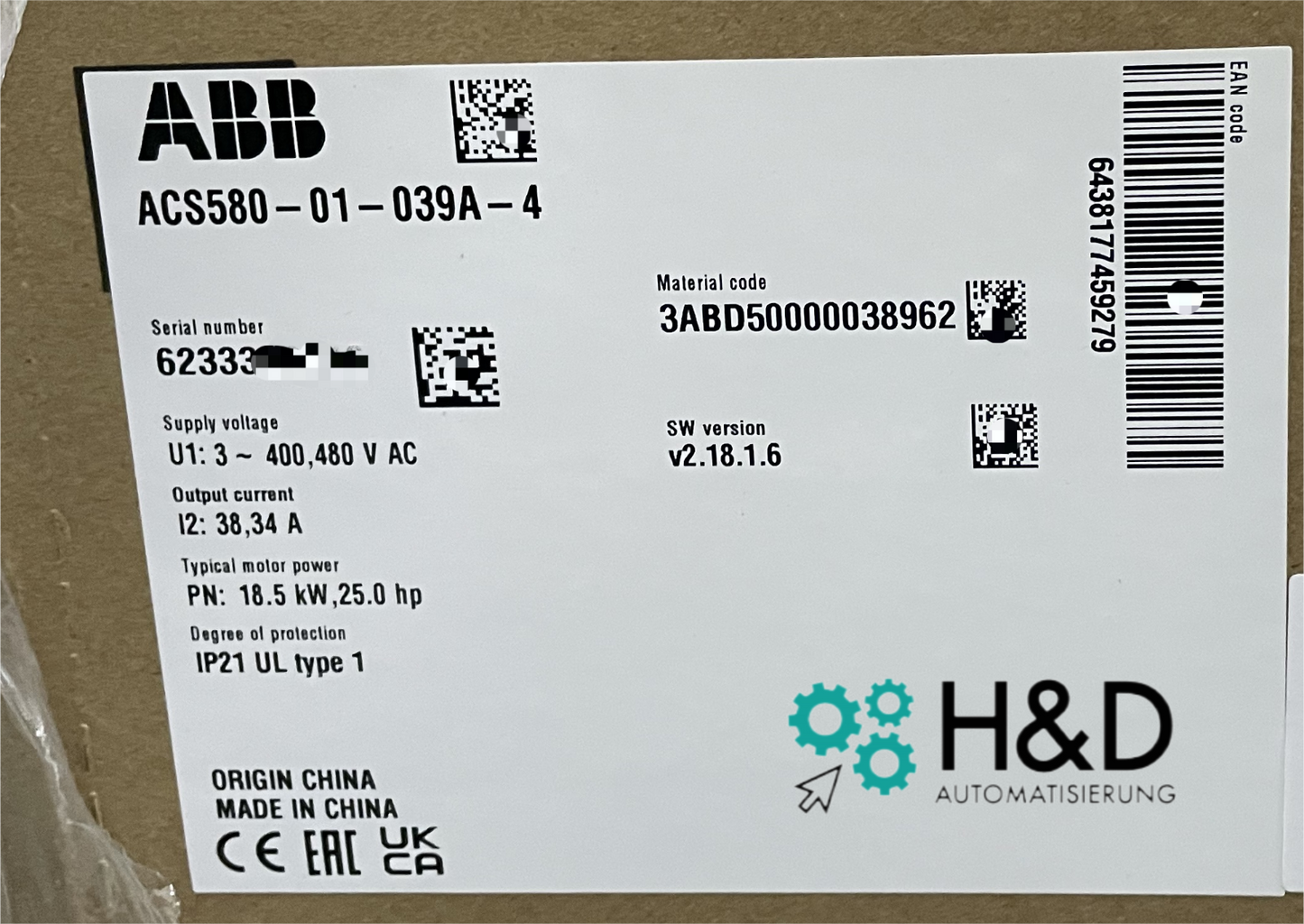 ABB ACS580-01-039A-4 – Inverter – 18.5 kW – 38 A – 380 V – IP20 – New and sealed