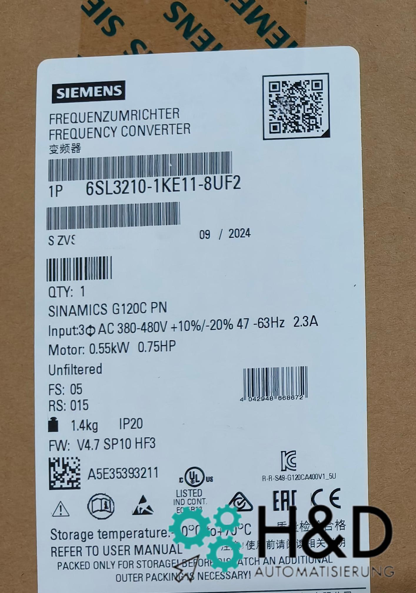 Siemens 6SL3210-1KE11-8UF2 – SINAMICS G120C Inverter di frequenza, 0,55 kW, 380-480 V, PROFINET, IP20