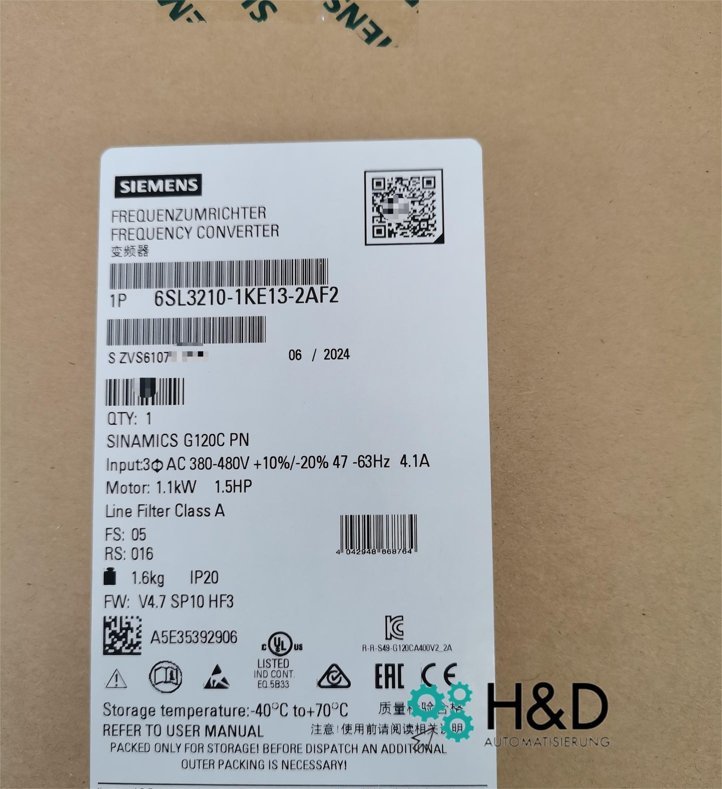 Sinamics G120C 6SL3210-1KE13-2AF2 – Variateur de fréquence (1,1 kW, 3AC 380–480 V, PROFINET, STO, IP20)