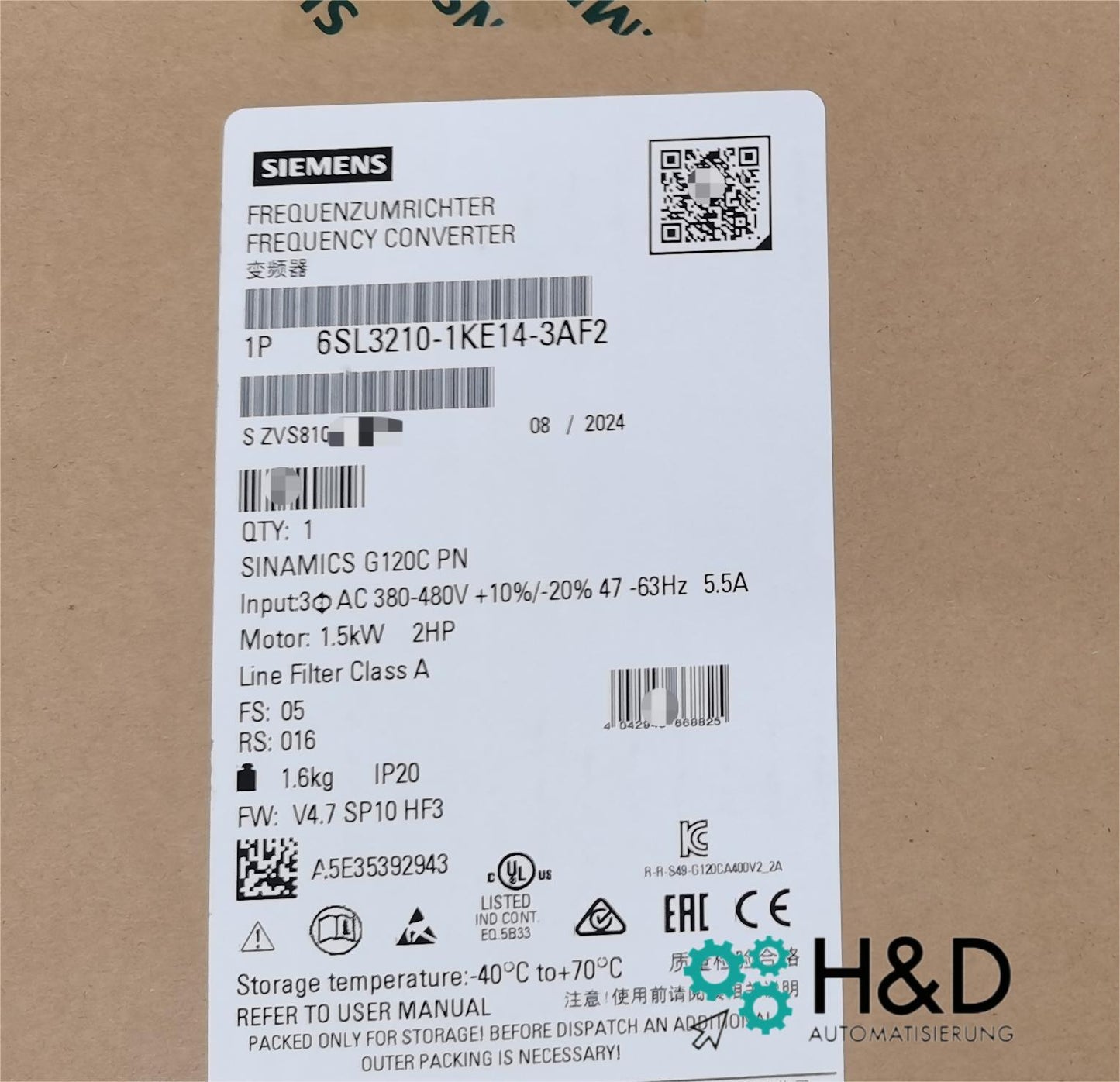Sinamics G120C 6SL3210-1KE14-3AF2 – Frequency Converter (1.5 kW, 3AC 380–480 V, PROFINET, STO, IP20)