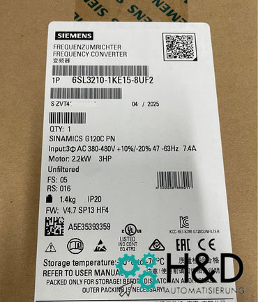 Sinamics G120C 6SL3210-1KE15-8UF2 – Convertidor de frecuencia (2,2 kW, 3AC 380–480 V, PROFINET, STO, IP20)