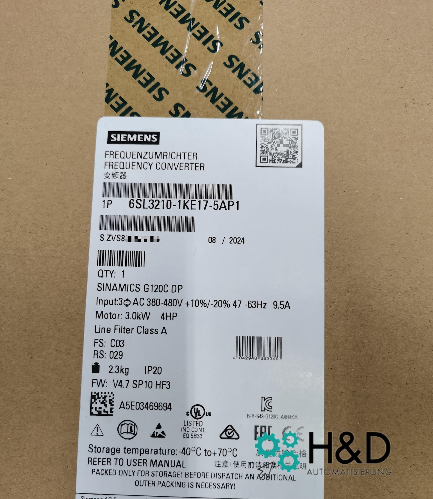 Sinamics G120C 6SL3210-1KE17-5AP1 – Frequency converter (3.0 kW, 3AC 380–480 V, PROFIBUS DP, STO, IP20)