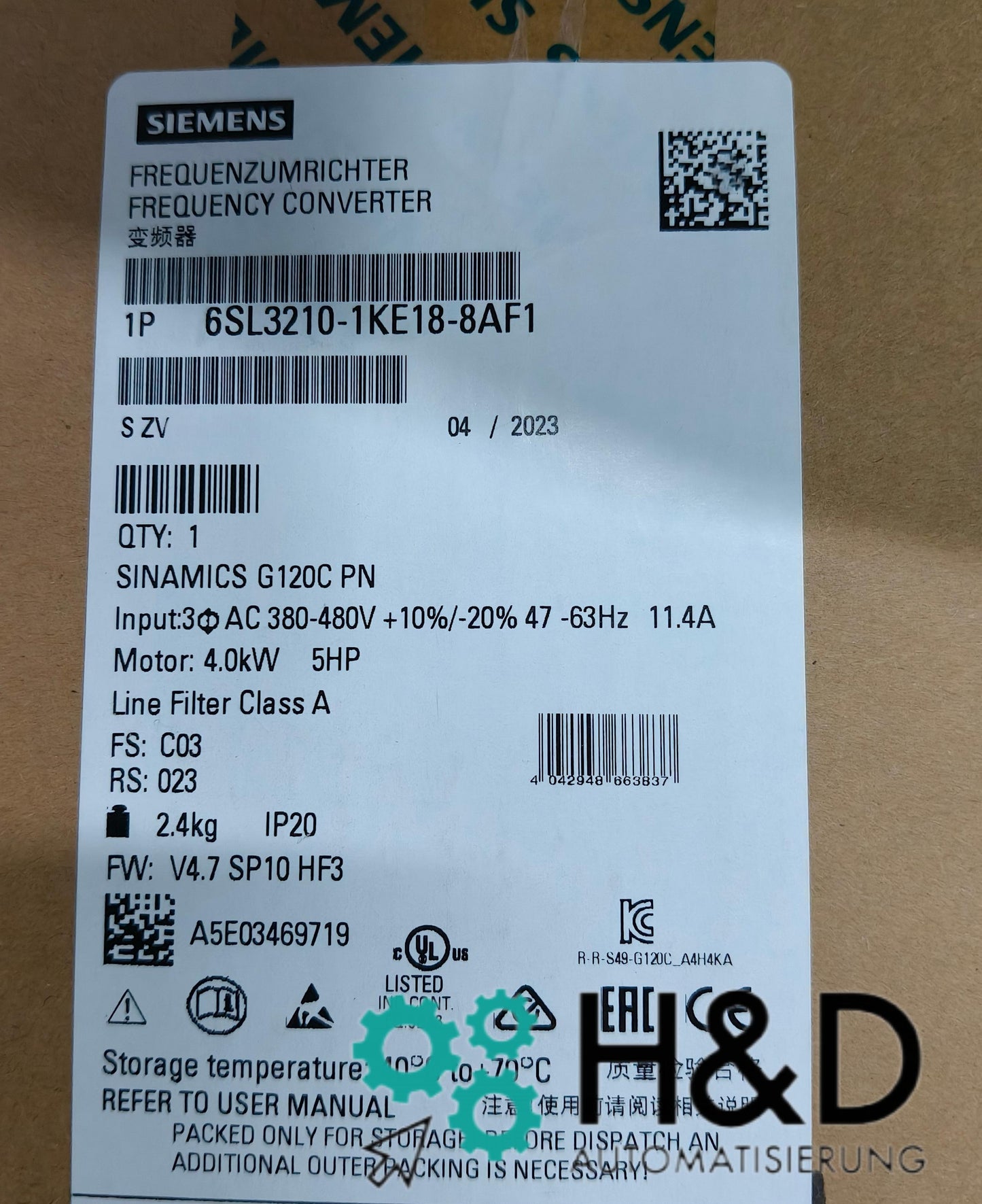Sinamics G120C 6SL3210-1KE18-8AF1 – Frequenzumrichter (4,0 kW, 3AC 380–480 V, PROFINET, Safe Torque Off, IP20)