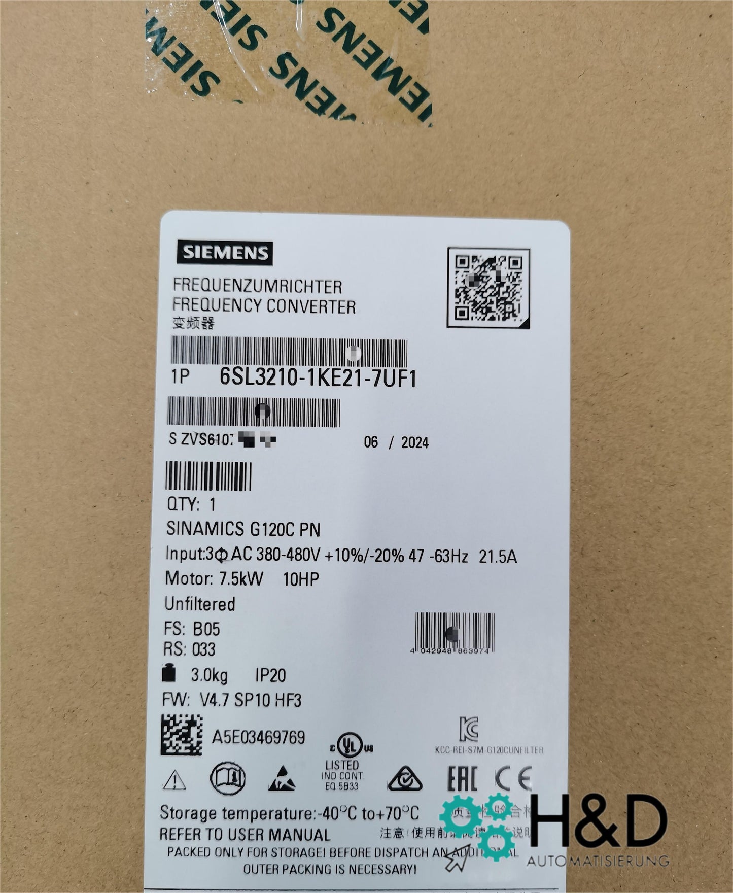 Sinamics G120C 6SL3210-1KE21-7UF1 – Frequency Converter (7.5 kW, 3AC 380–480 V, PROFINET, STO, IP20)