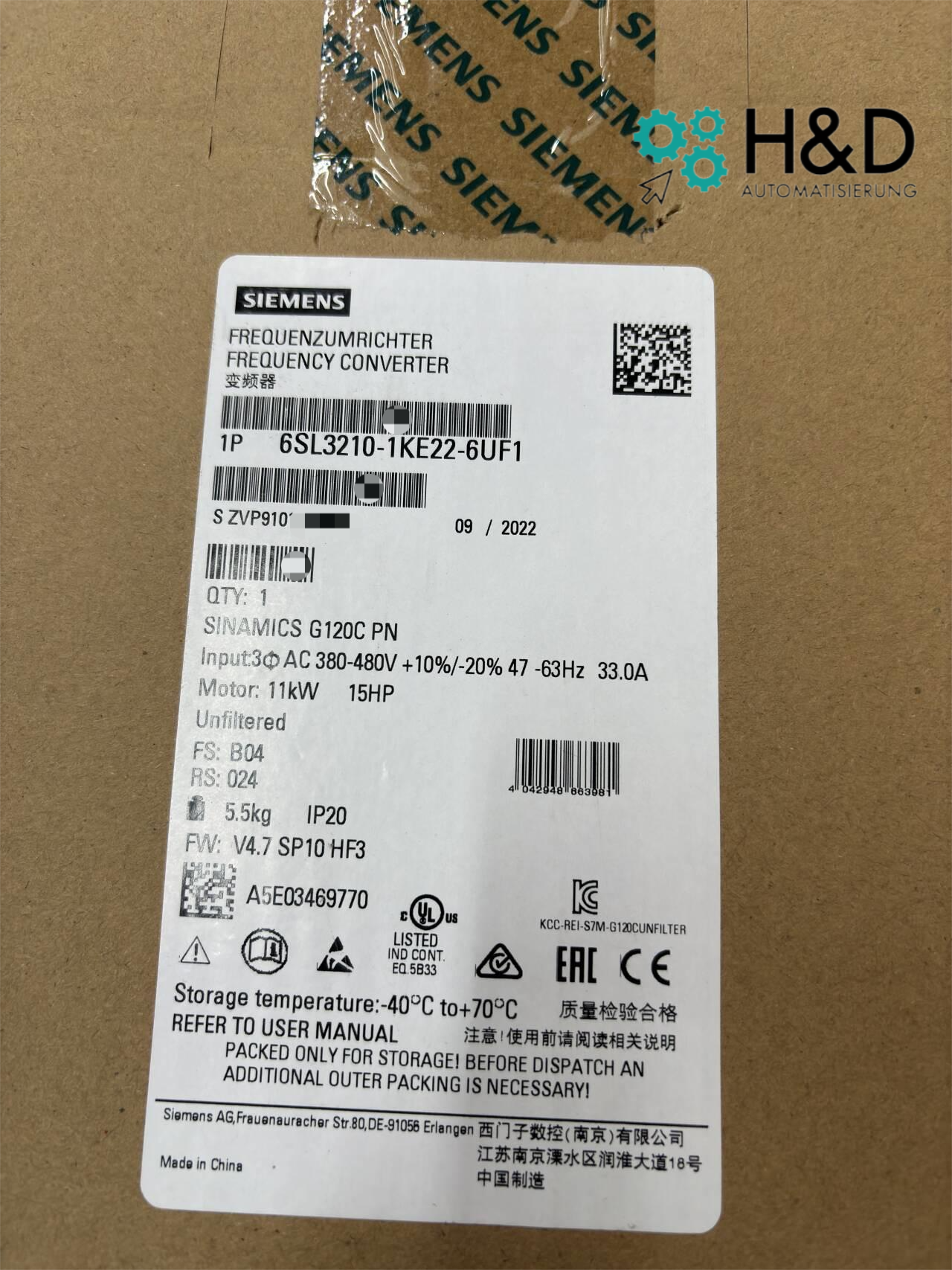 Sinamics G120C 6SL3210-1KE22-6UF1 – частотный преобразователь (7,5 кВт, 3AC 380–480 В, PROFINET, STO, IP20)