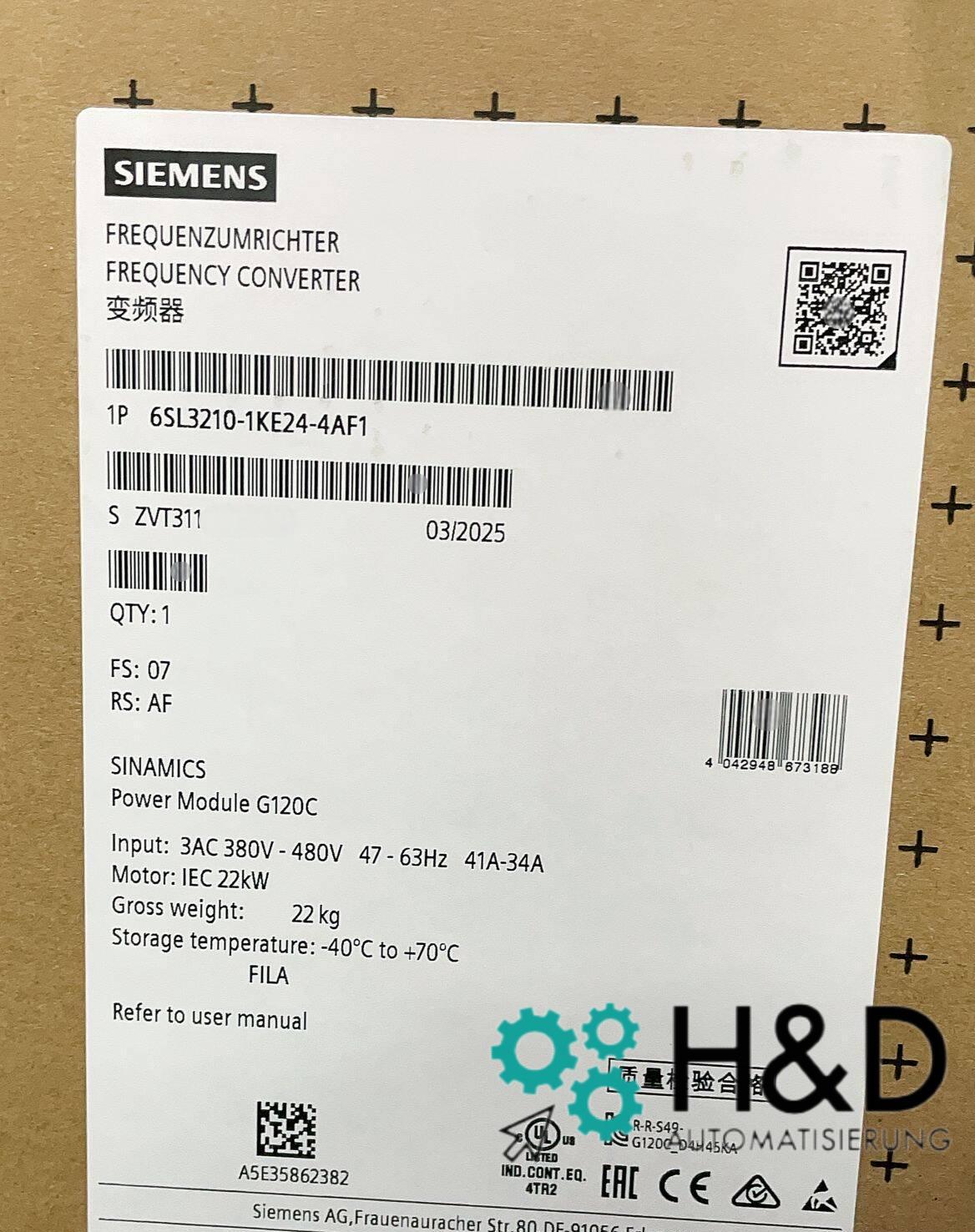 Sinamics G120C 6SL3210-1KE24-4AF1 – Frequency Converter (22.0 kW, 3AC 380–480 V, PROFINET, STO, IP20)