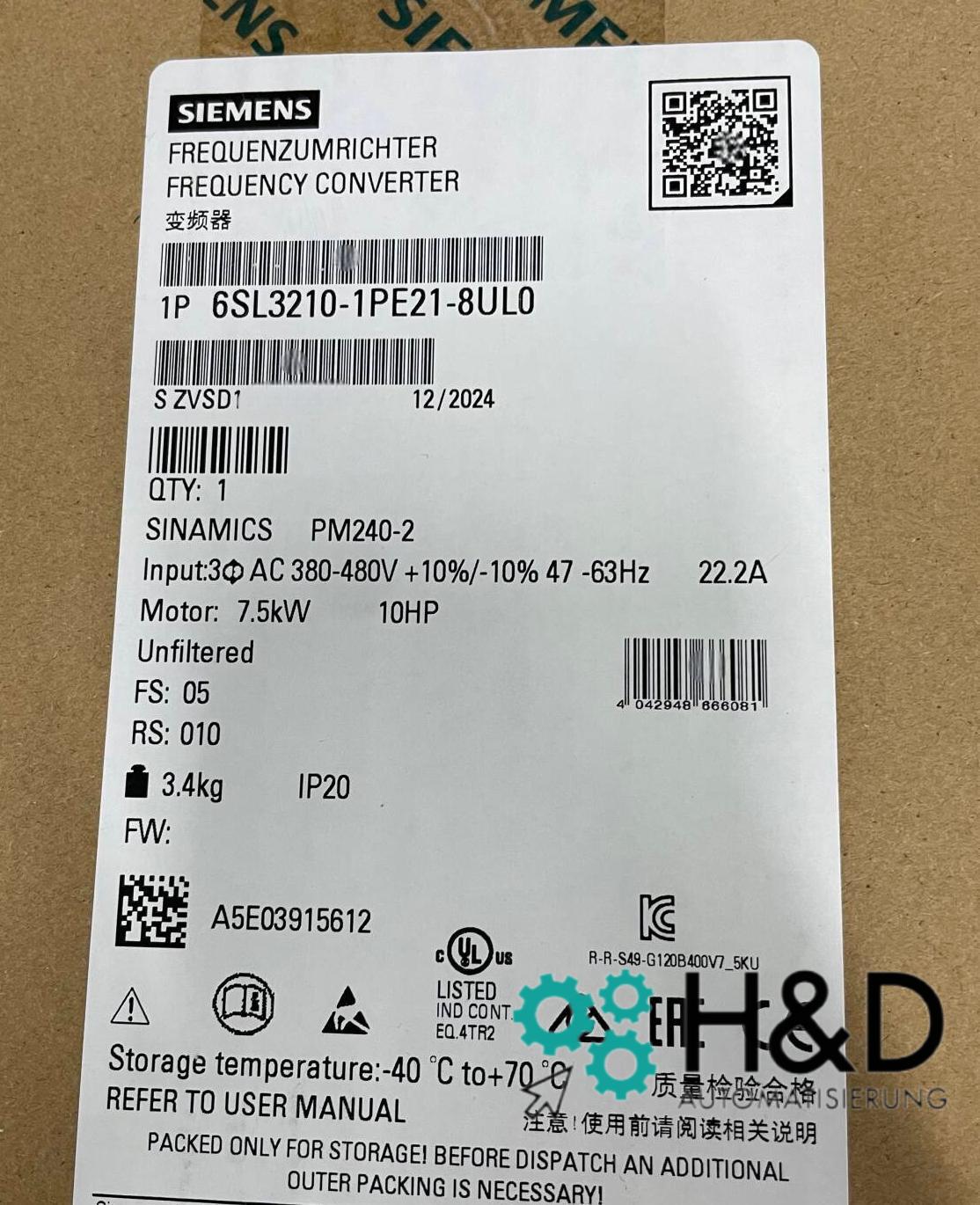 Siemens SINAMICS Power-Modul PM240-2 sin filtro con chopper de freno integrado (6SL3210-1PE21-8UL0)