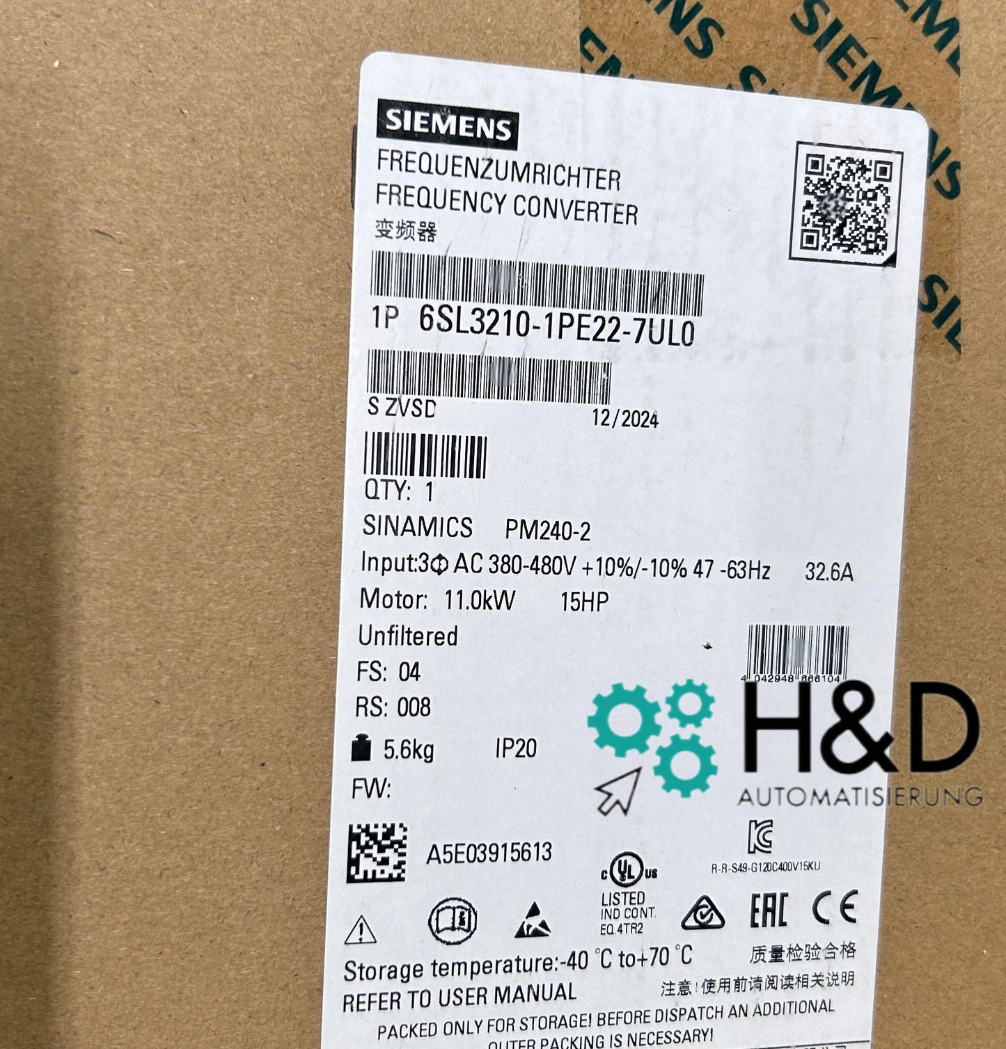 Siemens SINAMICS Power-Modul PM240-2 ohne Filter mit integriertem Brems-Chopper (6SL3210-1PE22-7UL0)