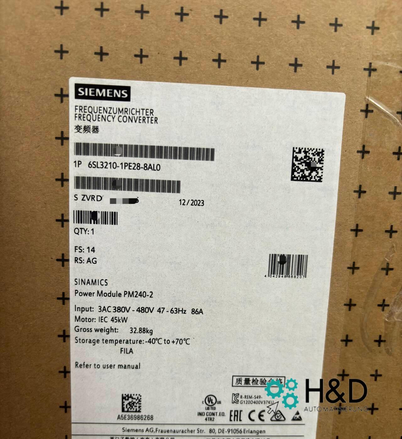 6SL3210-1PE28-8AL0 SIEMENS SINAMICS G120 ЭЛЕКТРОПИТАЮЩИЙ МОДУЛЬ PM240-2 Новый и Запечатанный