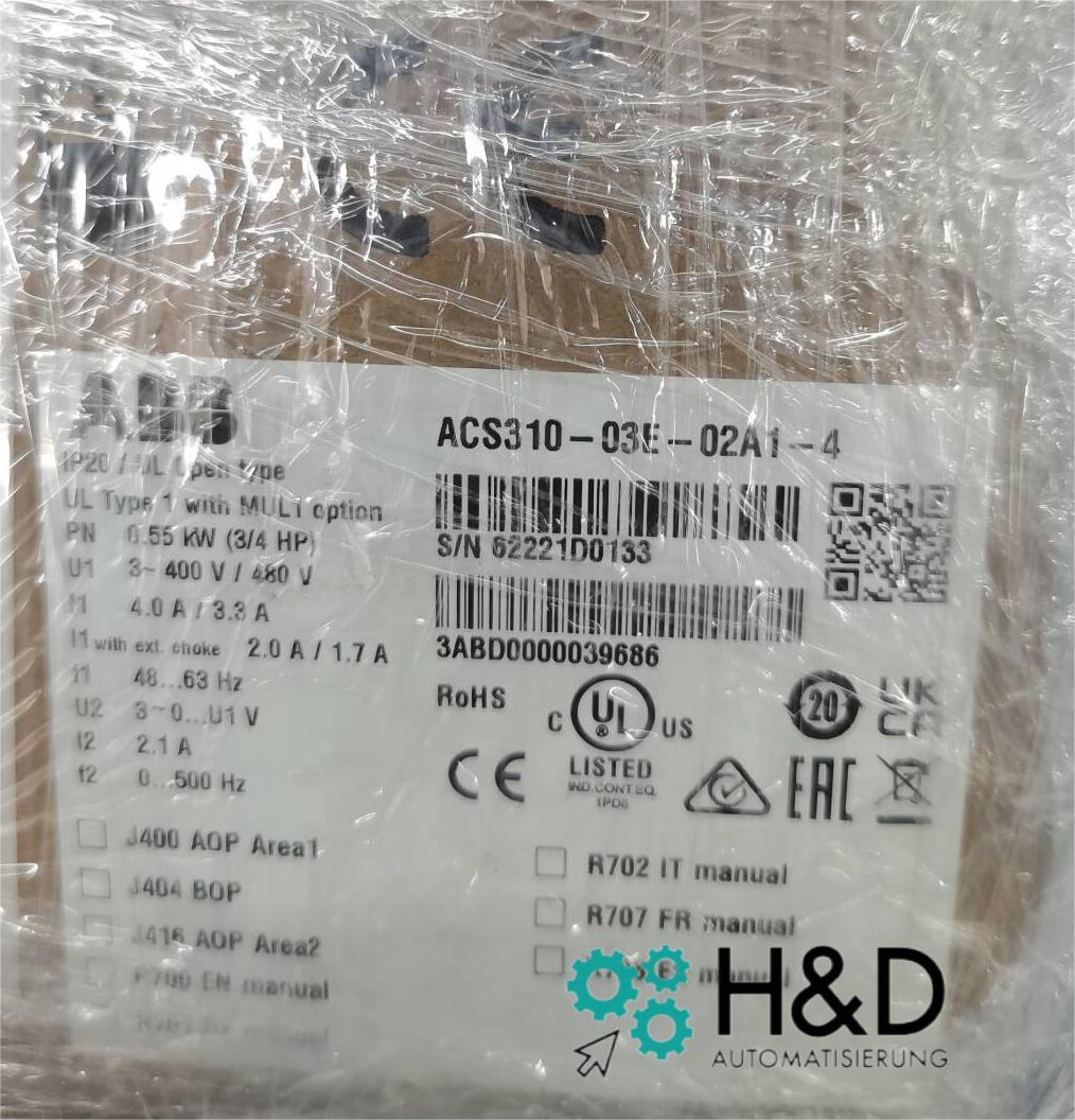 ABB ACS310-03E-02A1-4 – Inversor de frecuencia – Pn 0,55 kW – I2n 2,1 A – IP20 – Nuevo y sellado