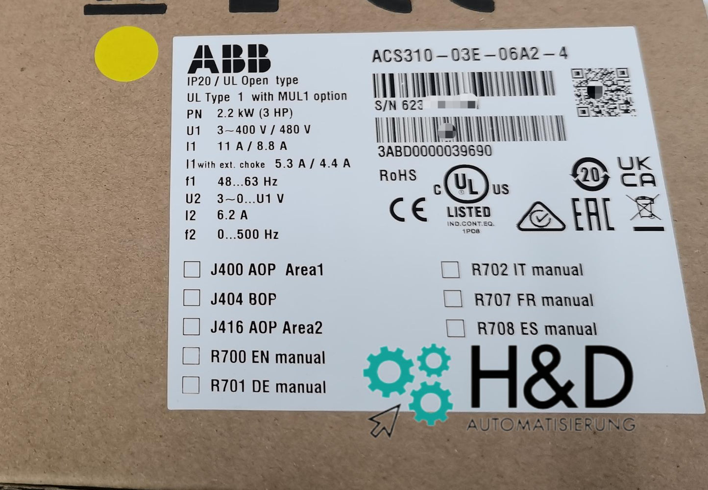 ABB ACS310-03E-06A2-4 – Inverter – Pn 2.2 kW – I2n 6.2 A – IP20 – New and sealed