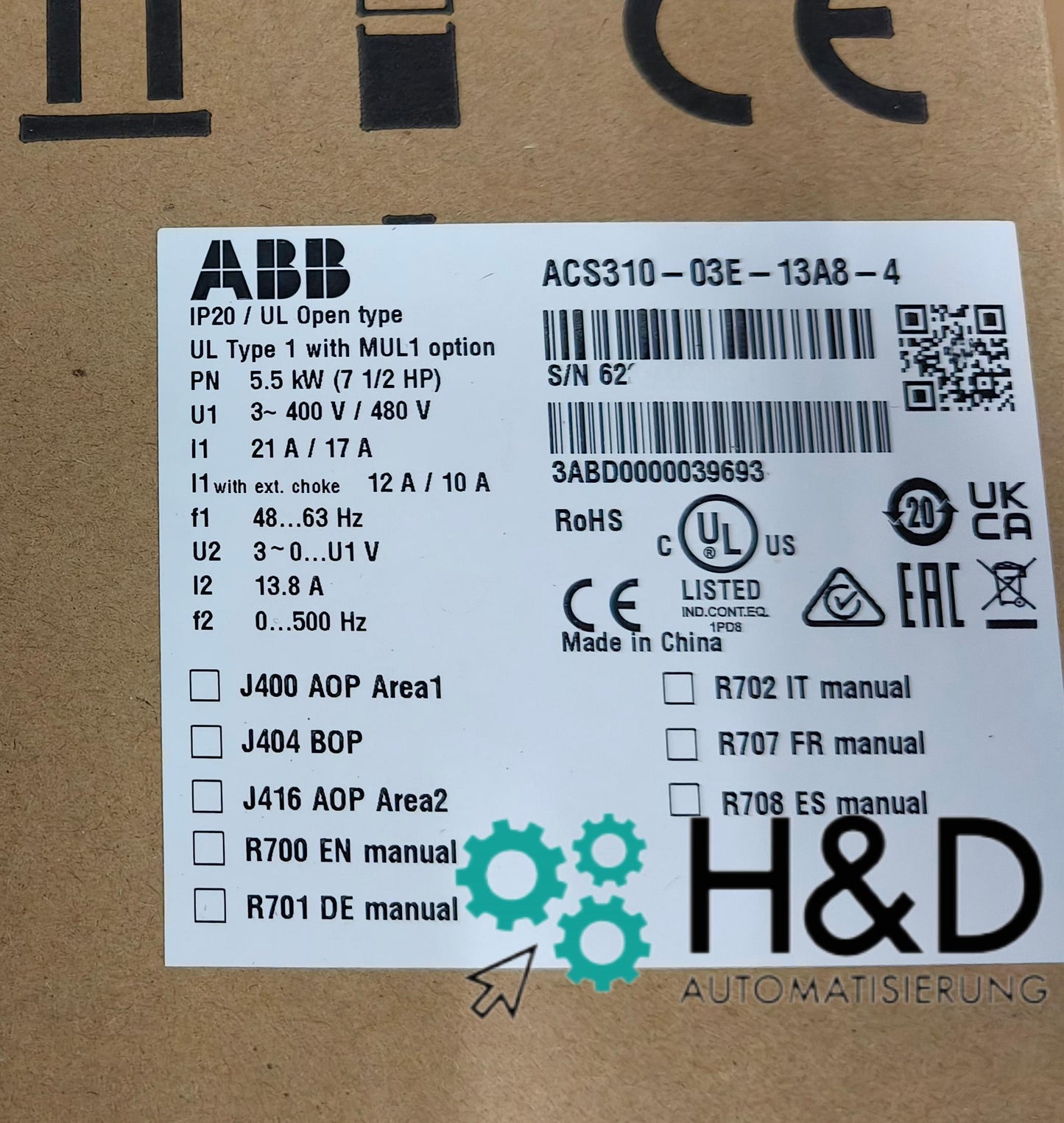 ABB ACS310-03E-13A8-4 – Inverter – Pn 5.5 kW – I2n 13.8 A – IP20 – New and sealed