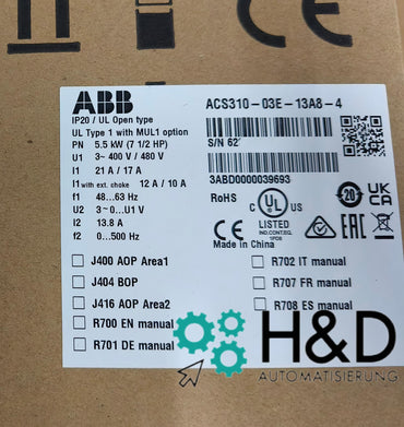ABB ACS310-03E-13A8-4 – Inverter – Pn 5,5 kW – I2n 13,8 A – IP20 – Neu und versiegelt