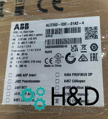 ABB ACS355-03E-01A2-4 – Onduleur – Pn 0,37 kW – I2n 1,2 A – IP20 – Neuf et scellé