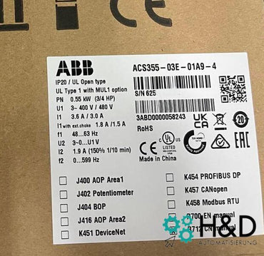ABB ACS355-03E-01A9-4 – Inverter – Potenza nominale 0,55 kW – Corrente nominale 1,9 A – IP20 – Nuovo e sigillato