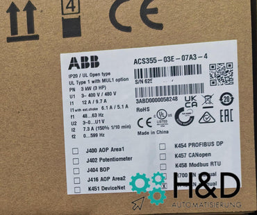 ABB ACS355-03E-07A3-4 – Inverter – Potenza nominale 3,0 kW – Corrente nominale 7,3 A – IP20 – Nuovo e sigillato