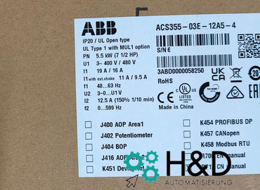 ABB ACS355-03E-12A5-4 – Onduleur – Pn 5,5 kW – I2n 12,5 A – IP20 – Neuf et scellé