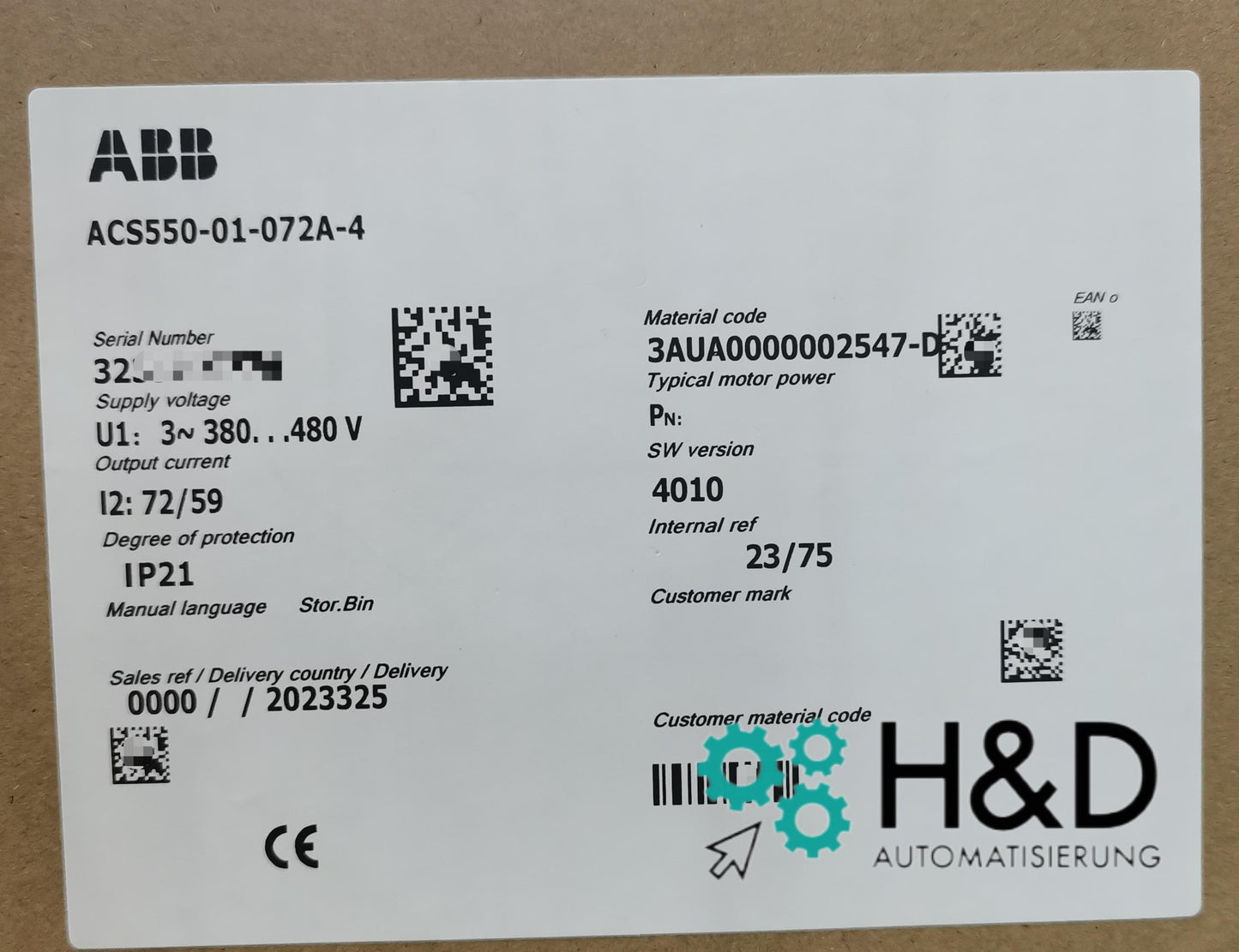 ABB ACS550-01-072A-4 – Inversor – 37 kW – 72 A – 380 V – IP21 – Nuevo y sellado