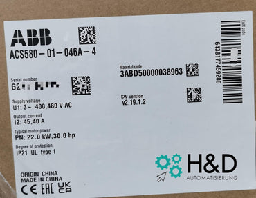 ABB ACS580-01-046A-4 – Inverter – 22 kW – 45 A – 400 V / 480 V – IP20 – Nuovo e sigillato