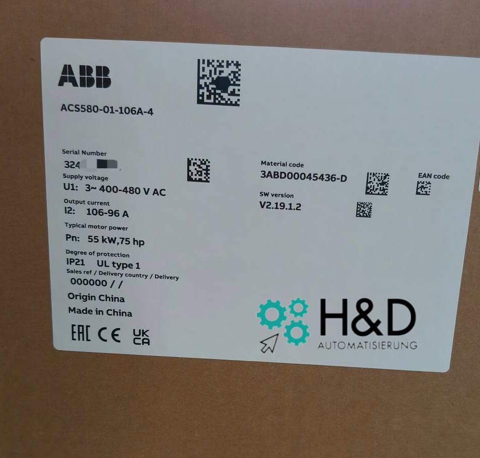 ABB ACS580-01-106A-4 – Falownik – PN: 55 kW, IN: 106 A, IP21 – Nowy i zaplombowany