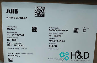 ABB ACS880-01-038A-3 – Inverter – PN: 18.5 kW, IN: 38 A, IP20 – New and sealed