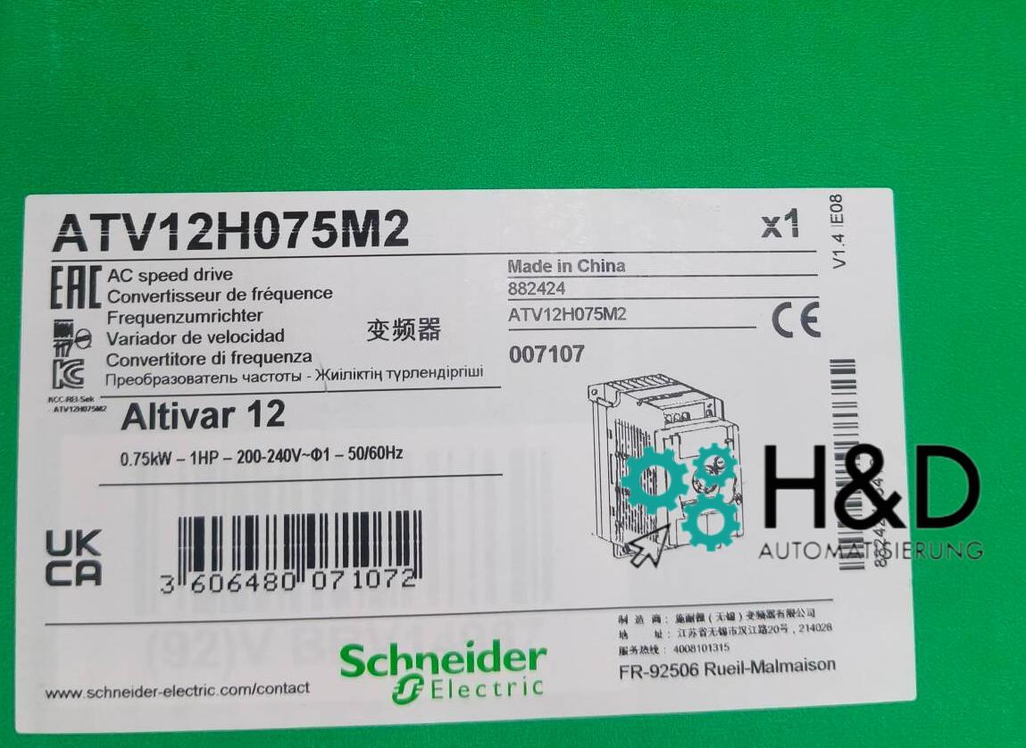 ATV12H075M2 Schneider Electric Inverter di frequenza ATV12, 0,75kW, 1HP, 200-240V, 1-fase, con dissipatore di calore