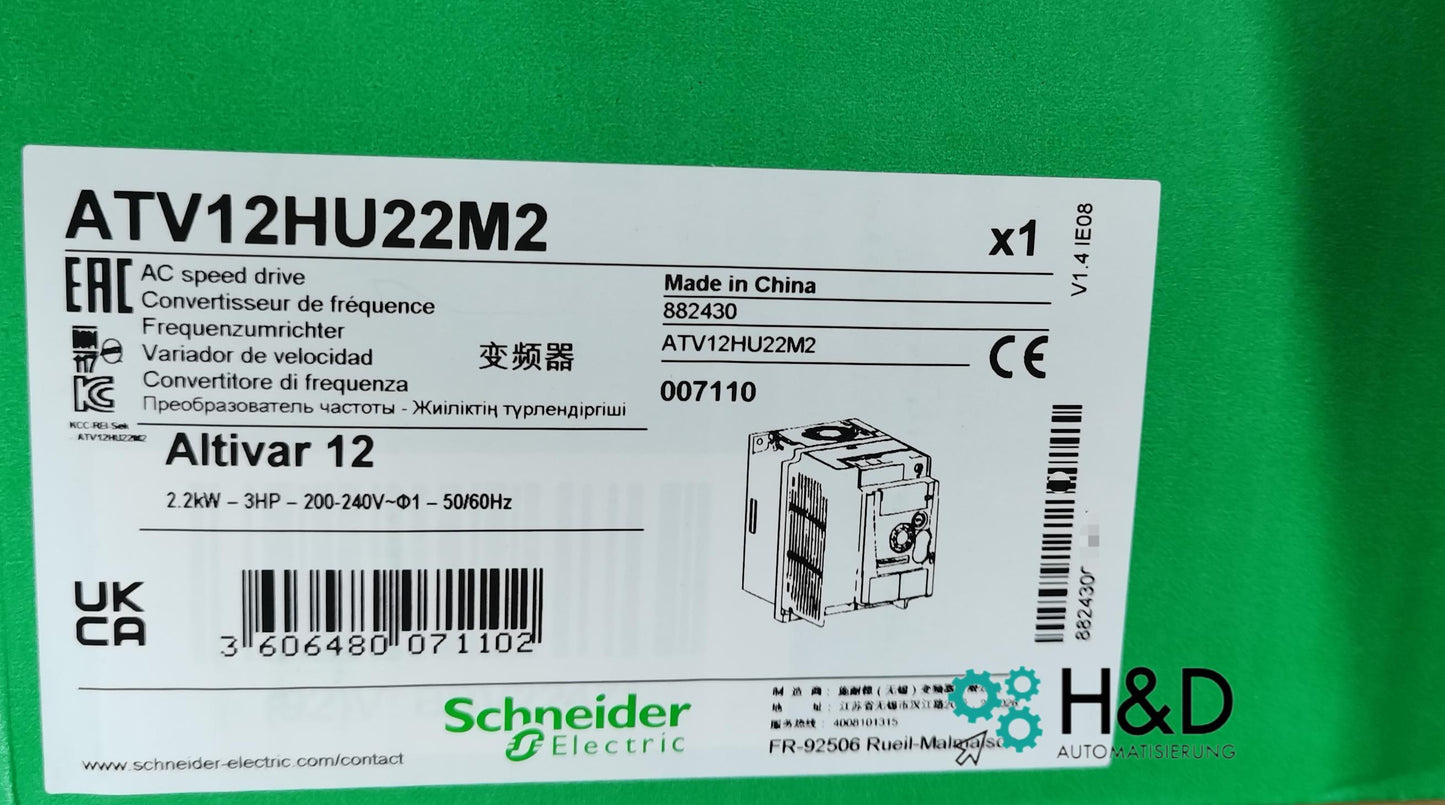 ATV12HU22M2 Schneider Electric frequency converter ATV12, 2.2kW, 3HP, 200-240V, 1-ph., with heat sink