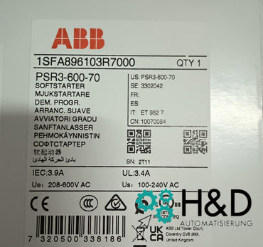 ABB PSR3-600-70 Arrancador suave 3,9A 208-600V CA Nuevo y sellado